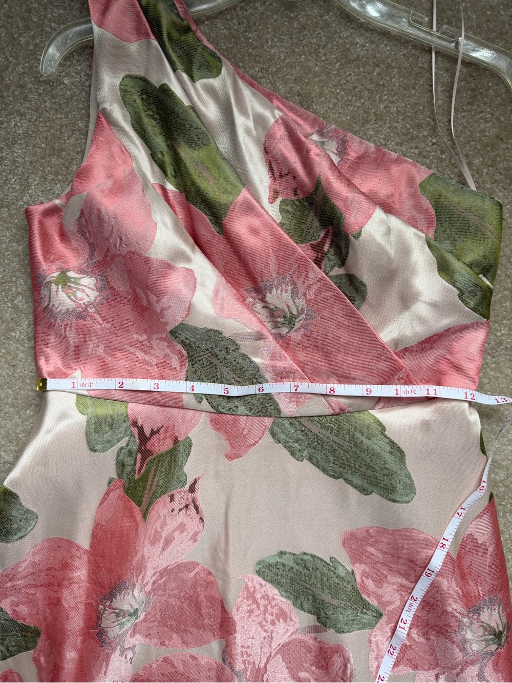 Alex Evenings One-Shoulder Pink/Peach Floral Dress with Green Leaves - Picture 15 of 16
